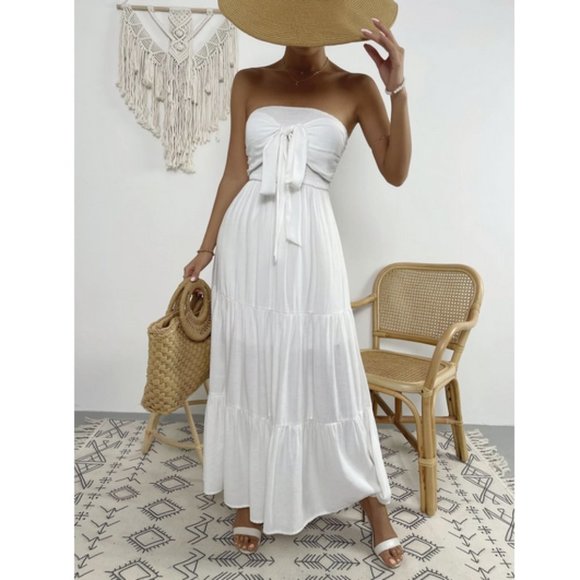 Boho Tie Front Shirred Ruffle Hem Tube Dress WHITE - Picture 4 of 6